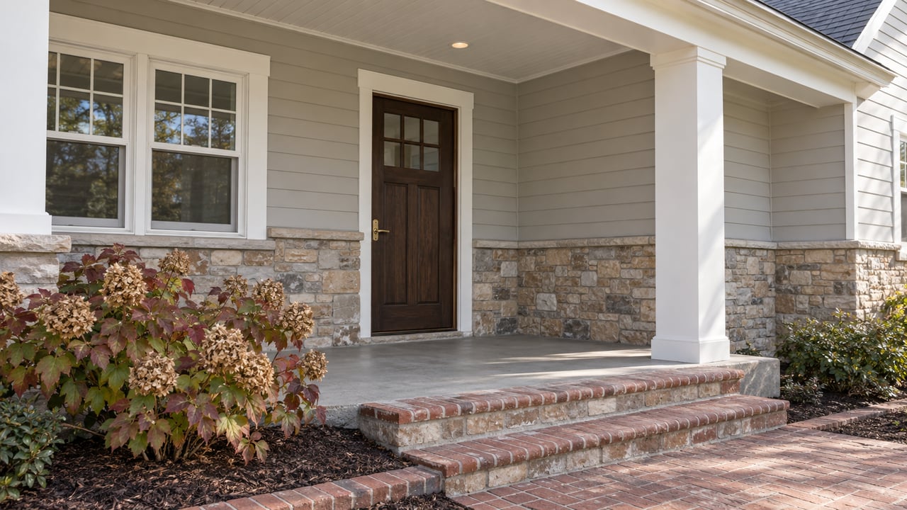 Covered home entry with pale siding, stone wainscoting, a dark wood door and red brick steps beside an oakleaf hydrangea.
