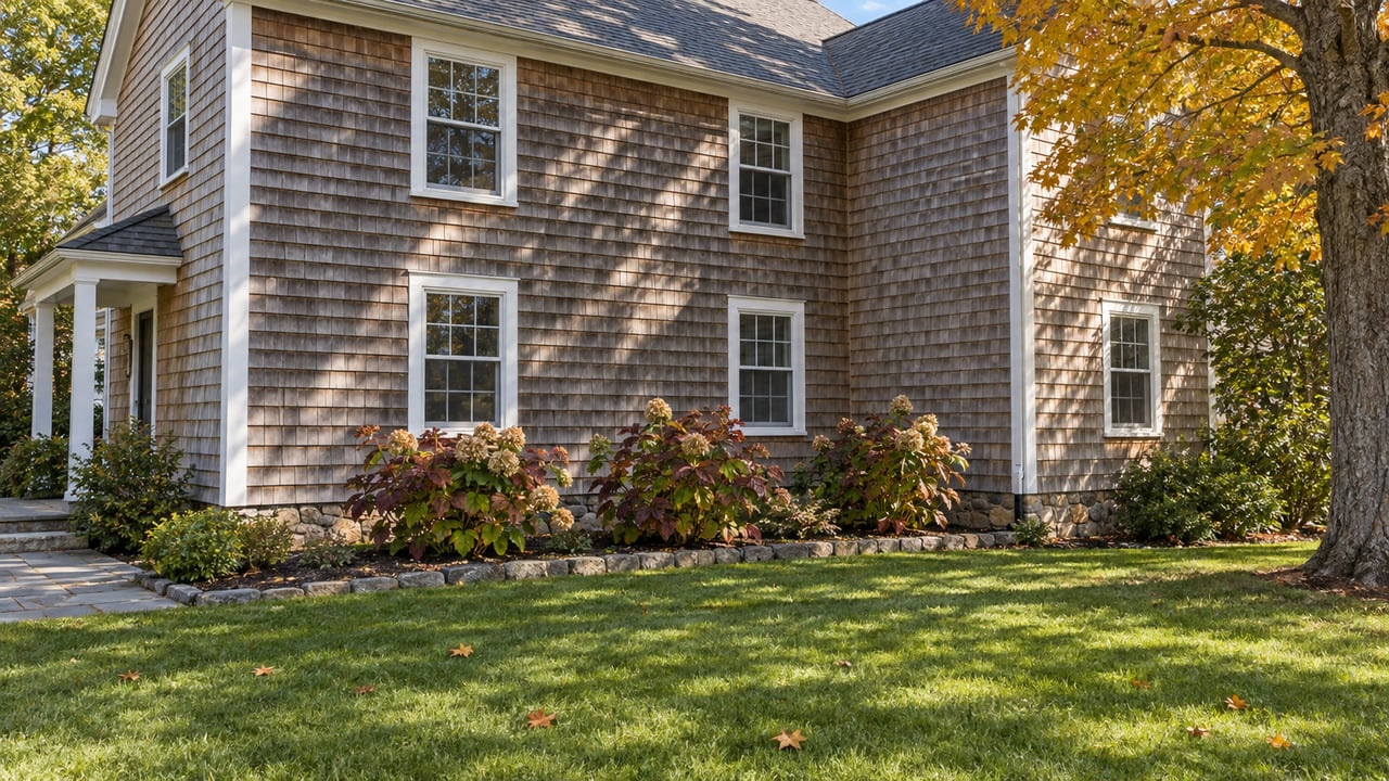 Autumn sunlight falls across a cedar-shingle home with white double-hung windows, a bluestone approach and oakleaf hydrangeas beside a broad lawn.