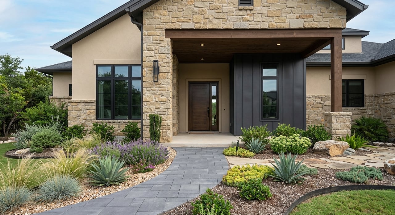 Recessed oak front door with black hardware, taupe stone surround, and drought-tolerant planting along the paver walkway.