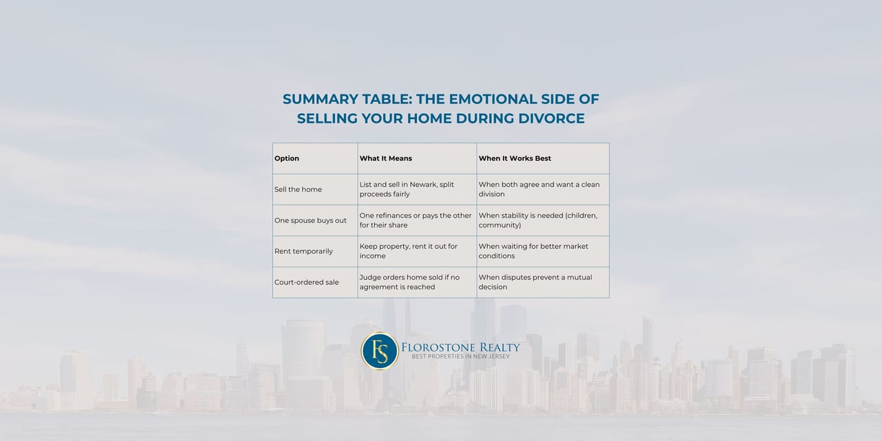 Summary table of options for dividing property in Newark divorce – sell, buyout, rent, court-ordered sale