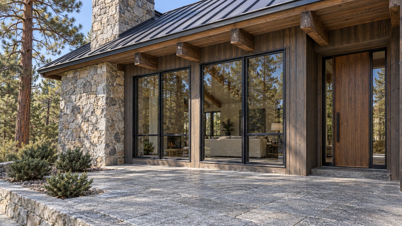 Timber and granite home with closed black-framed windows, a stone terrace and a mature pine in clear midday light.