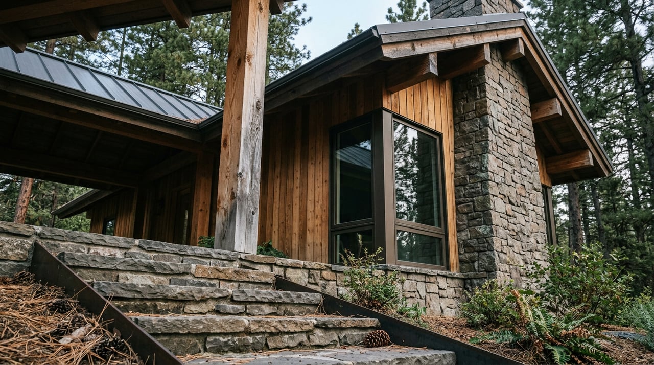 Mountain home corner with stacked-stone steps and chimney, cedar siding, a timber porch post, and pine reflections in a picture window.