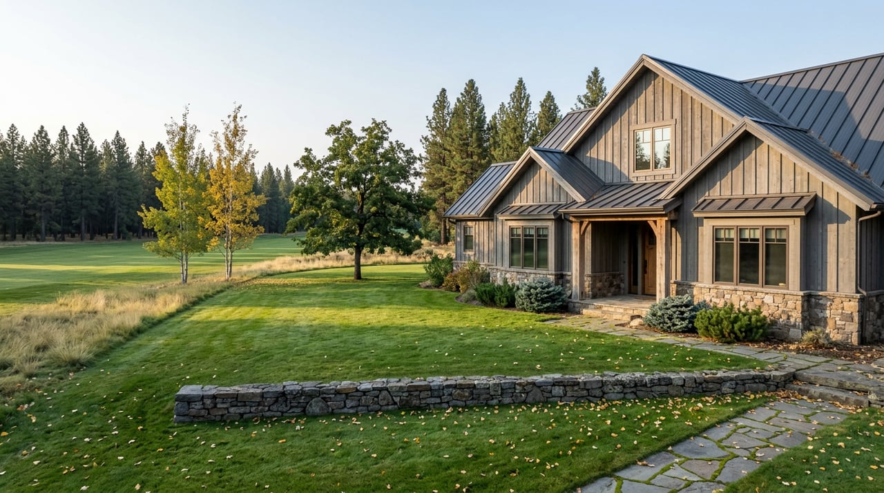 Custom cedar-and-stone home beside a broad lawn, with an oak, golden aspens, and a flagstone path.