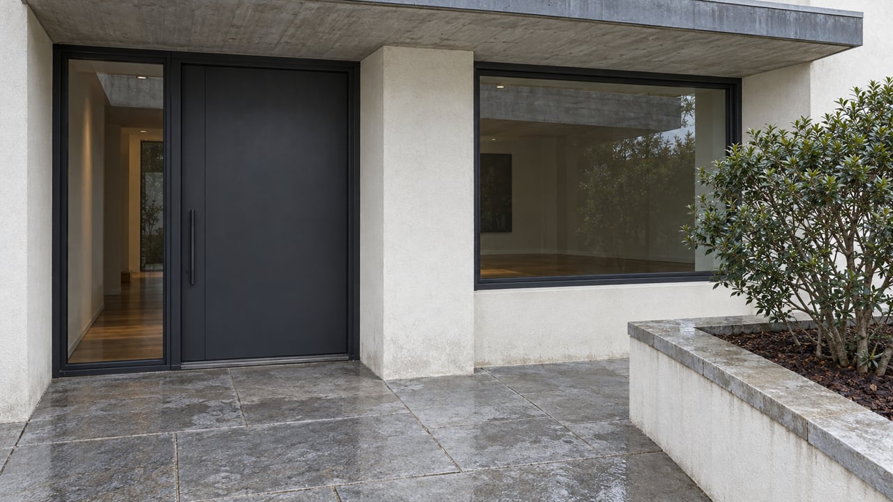 Rain-damp limestone entry landing beneath a concrete canopy, with charcoal-framed glazing and a sculptural yaupon in a raised masonry planter.