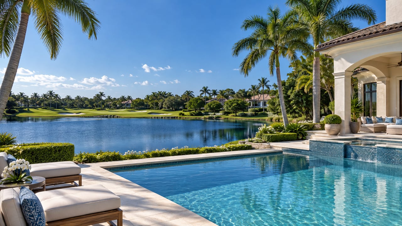 AI-generated illustration of a poolside home overlooking a lake and golf course, framed by palms.