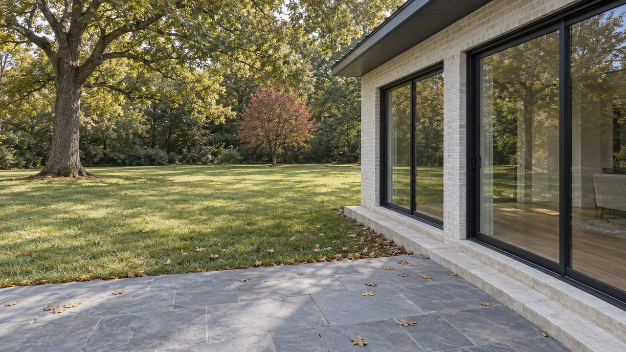Pale brick house with black-framed glass doors opens onto a bluestone terrace and lawn beneath mature trees.
