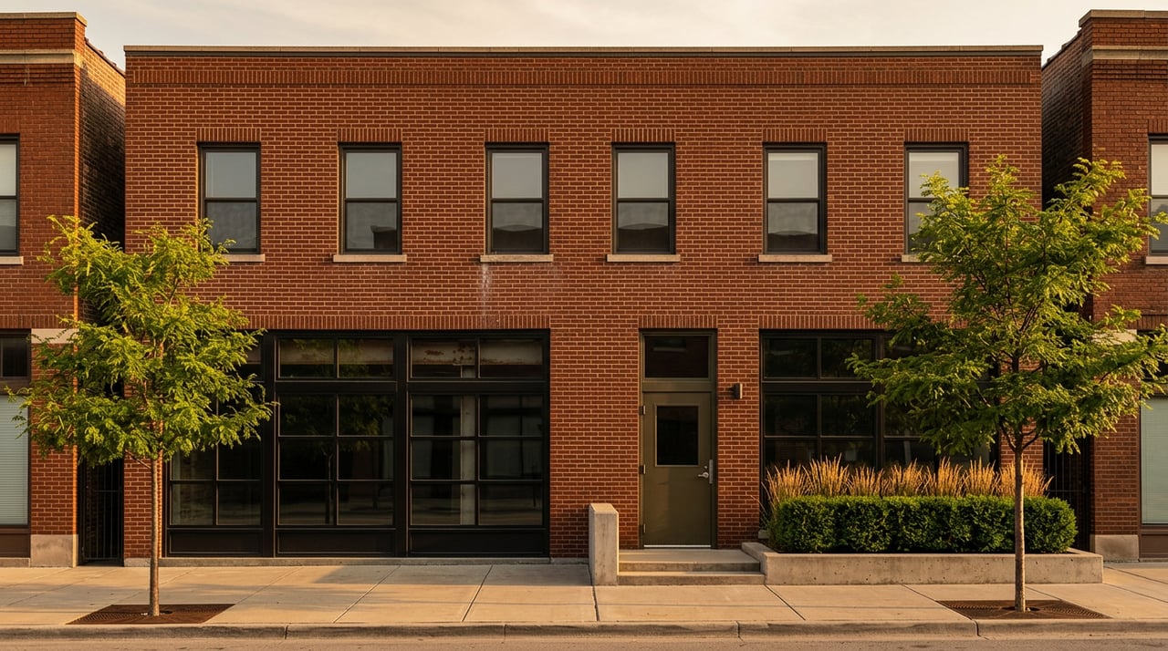 Three-story red-orange brick building with black-framed storefront windows, street trees, and a concrete sidewalk.