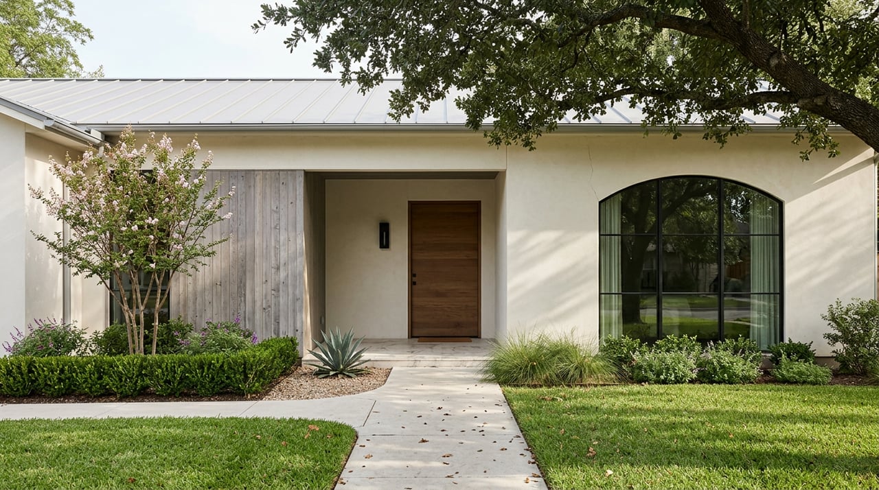 Stucco home with an arched steel-framed window, gray cedar panel, curved walkway, and leafy oak canopy.