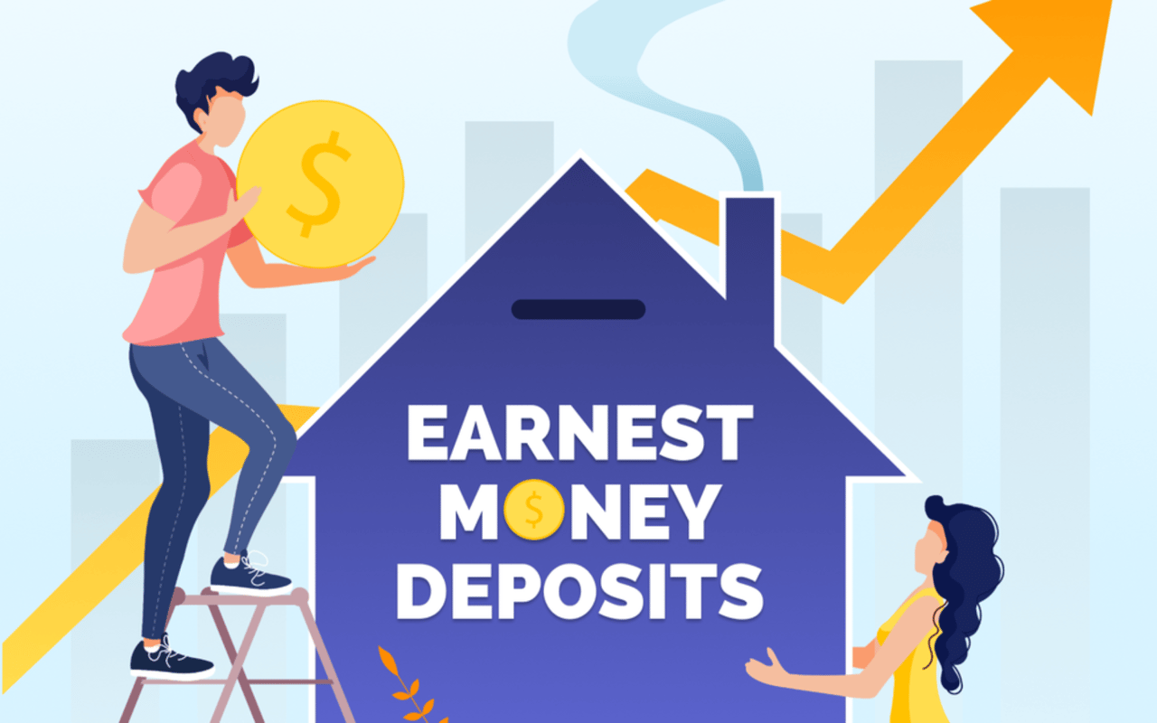 Earnest money deposits illustration with a house-shaped bank, people holding a coin, and a rising arrow.