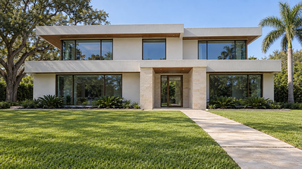 Contemporary two-story estate with bronze-framed windows, a limestone entry approach, deep lawn, a mature live oak and a single royal palm.