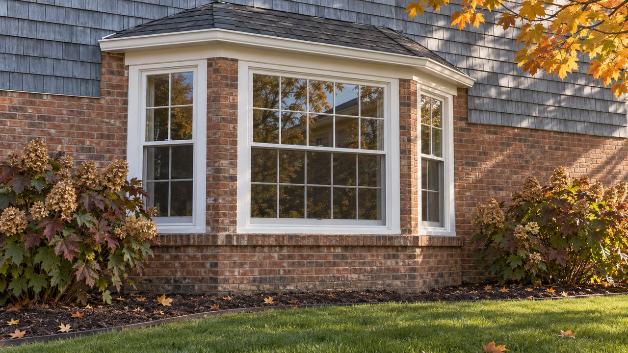 White multi-pane bay windows in a red-brown brick facade beneath blue-gray cedar shingles, bordered by autumn oakleaf hydrangeas and green lawn.