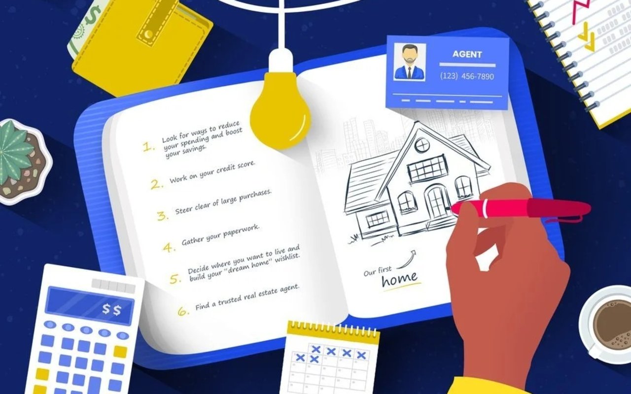 Illustrated checklist of six resolutions for buying a first home, beside a house sketch and agent card.
