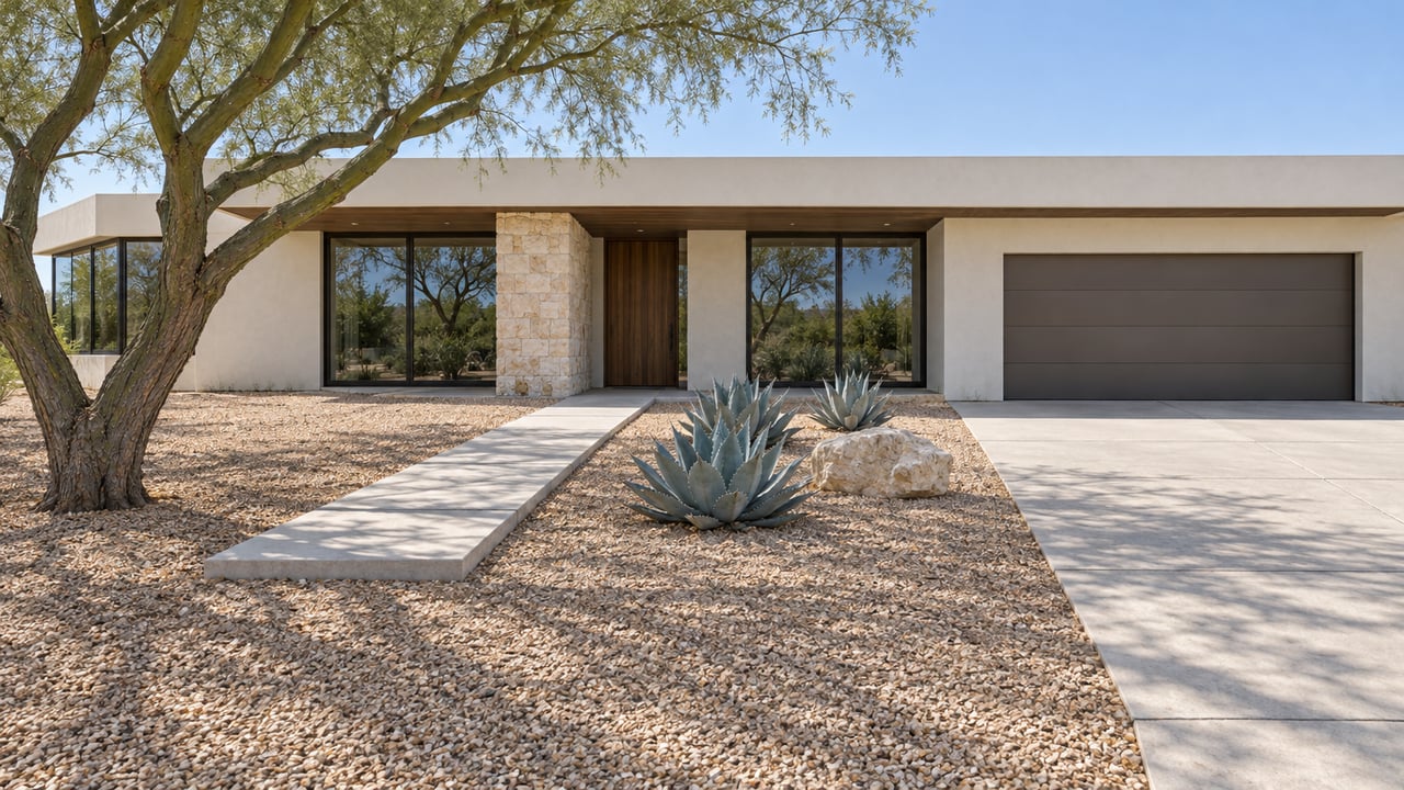 A low modern stucco home sits beyond a generous gravel-landscaped setback, with a sculptural branching tree, silver agaves, and a concrete approach in morning light.