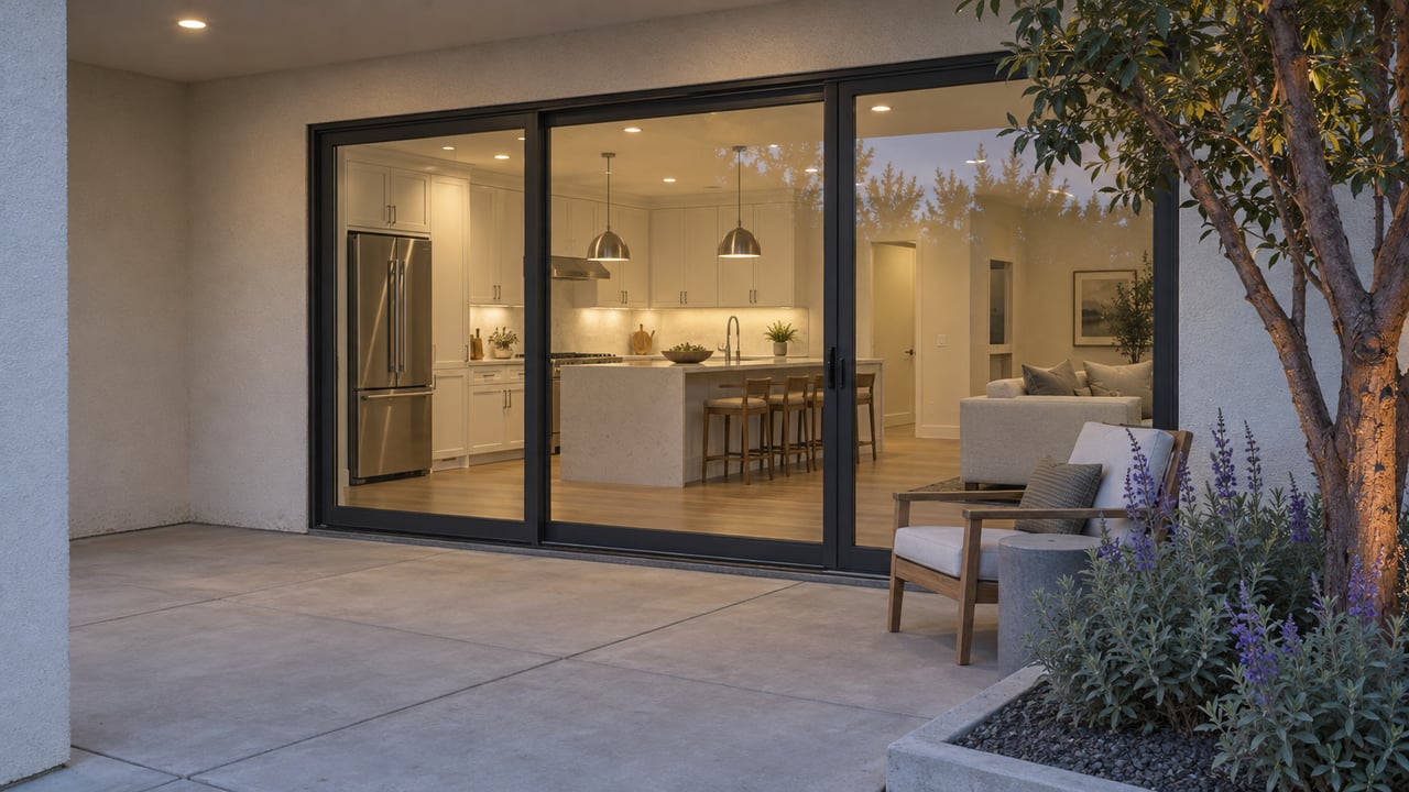 Covered patio at dusk with pale paving, ivory stucco and closed glass doors revealing a warmly lit contemporary kitchen.