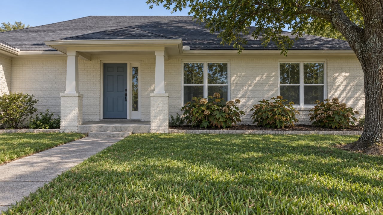 Cream-painted brick home with a blue front door, sheltered porch, deep lawn, and mature oak in clear afternoon light.