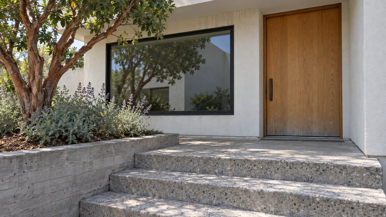 A sunlit stucco home entry with an oak door, black-framed window and concrete steps beside a sculptural evergreen tree.