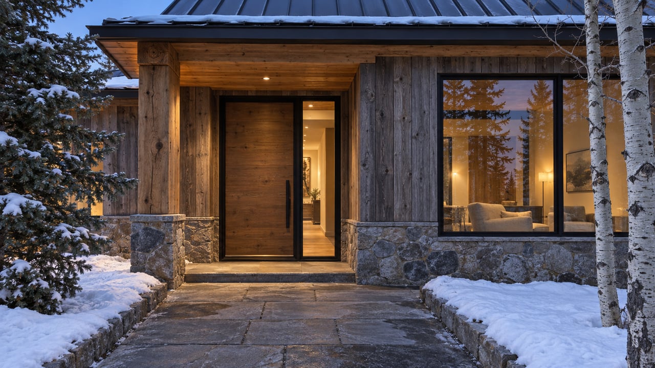 Snow borders a cleared stone approach to a timber-and-stone home, with warm light behind tall windows at blue hour.