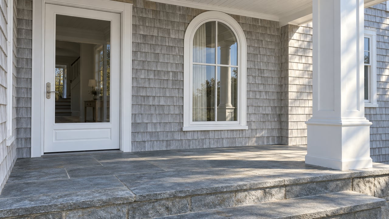 Sunlight crosses a pale-gray shingled home's covered porch, white glazed entry and blue-gray stone landing.
