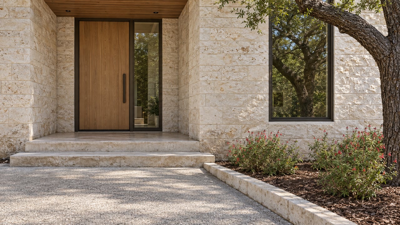 Sunlit limestone entry with an oak front door, bronze-framed glass, broad stone steps and a sculptural live oak beside a planted bed.