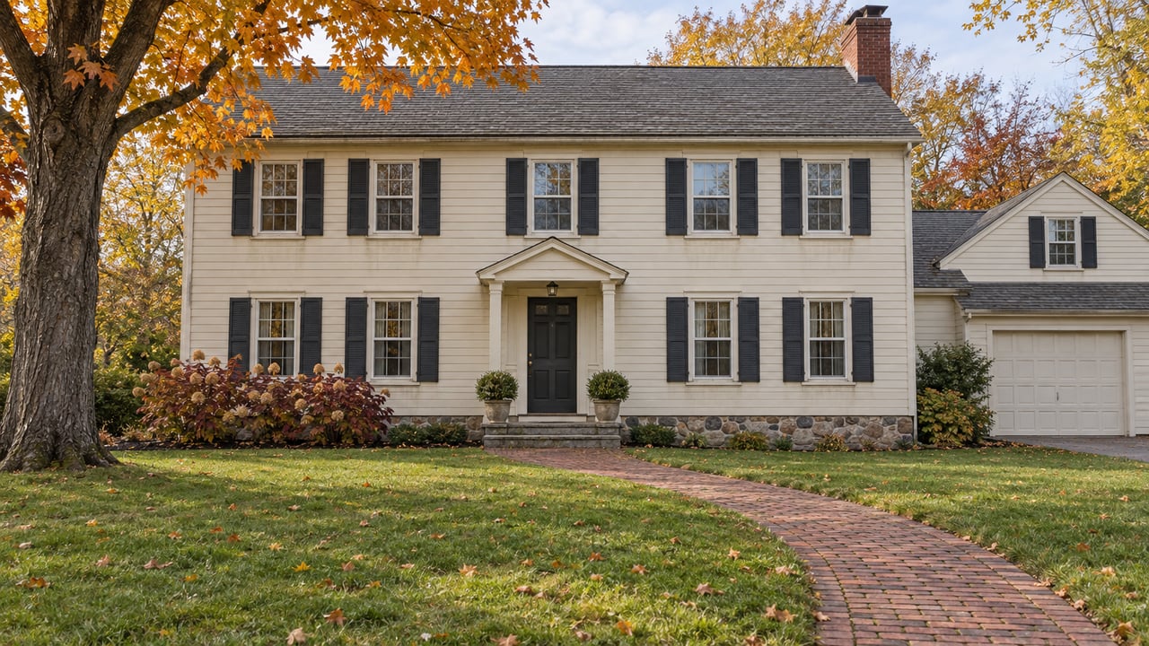 Cream-sided two-story home with dark shutters, a brick walk and broad autumn lawn beneath an amber sugar maple.