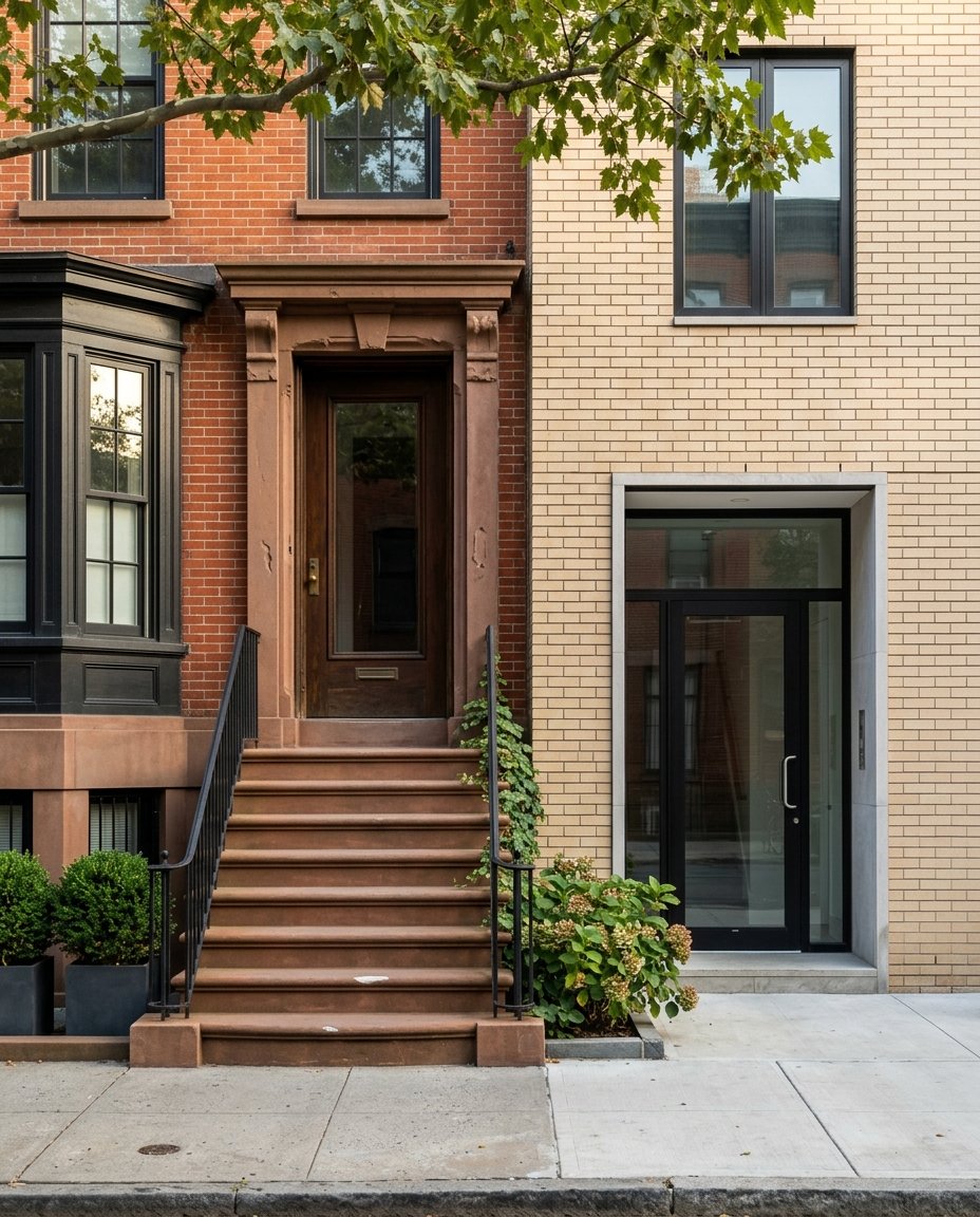 Historic brownstone stoop beside a contemporary brick-and-glass entry, with a planting strip and street tree.