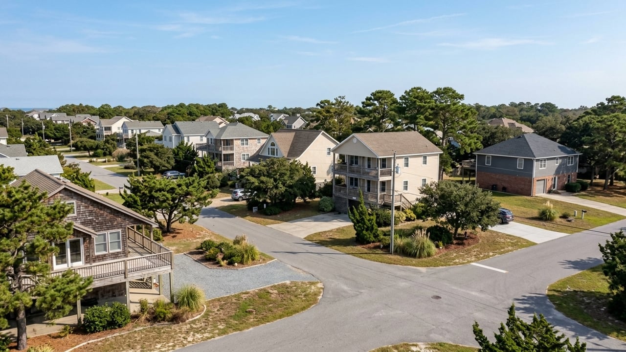 Residential neighborhood with detached homes, mature trees, and intersecting streets.