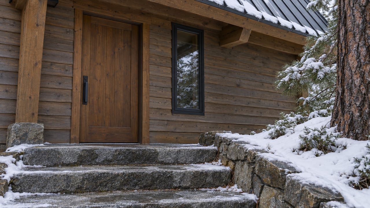 Cedar cabin entry with a dark-framed window above damp granite steps edged with snow.