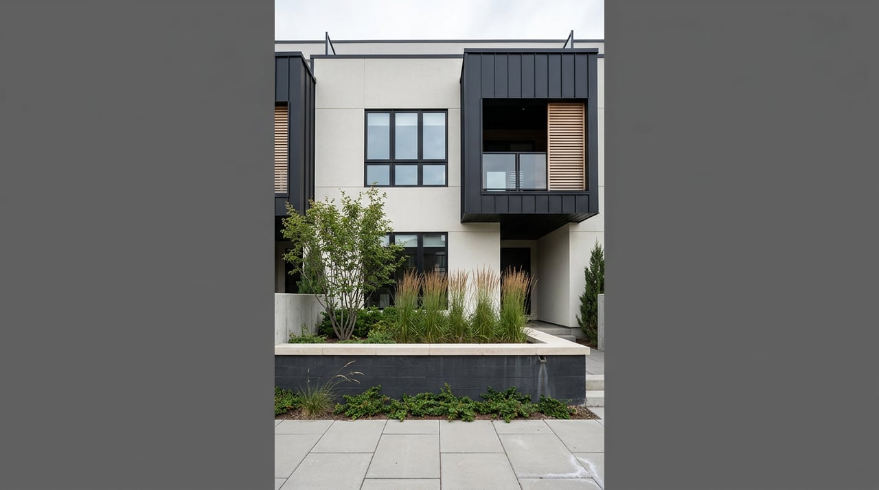Modern multi-unit facade with a black cantilevered upper floor, recessed glass balcony, and raised planter.