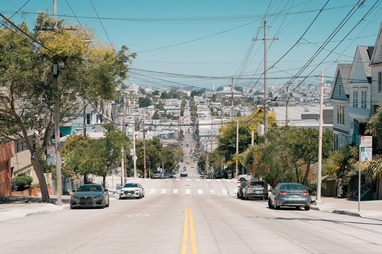 Steep, tree-lined San Francisco street winding downhill toward a panoramic view of hillside homes and the city below