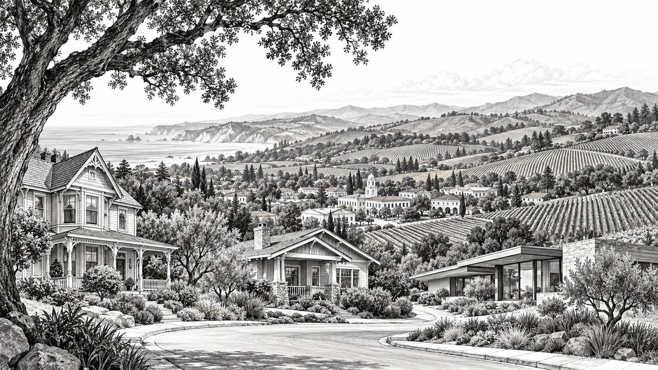 Sonoma County landscape with homes, vineyards, a town, rolling hills, and the coast.