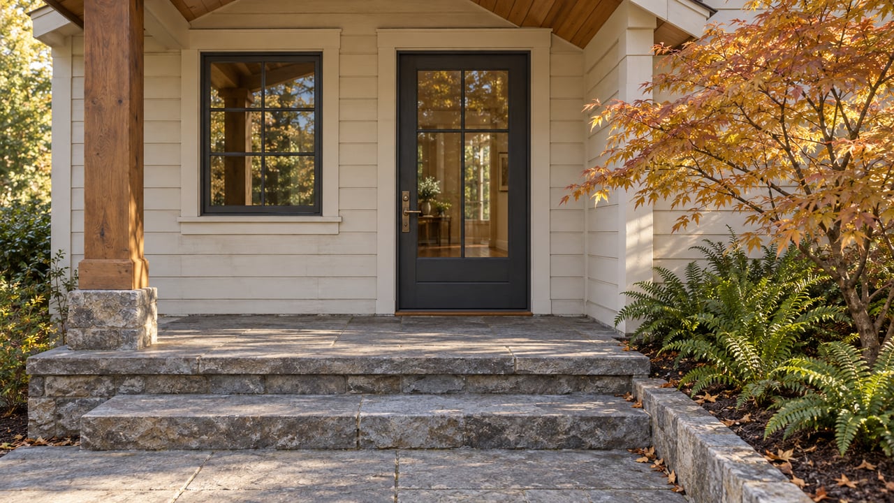 Morning light crosses stone steps and an ivory clapboard cottage entrance beside copper-colored vine maple leaves and sword ferns.