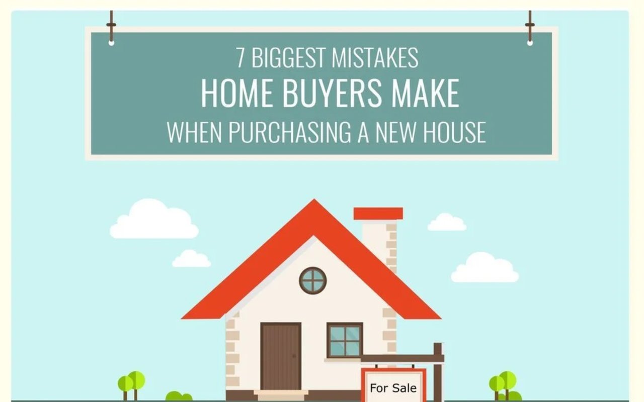 Illustration of a house for sale beneath a headline about seven home-buying mistakes.