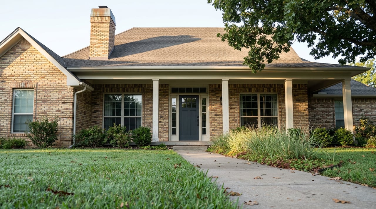 Brick house with a white-columned porch, charcoal door, steep gable, and chimney above a dew-covered lawn.