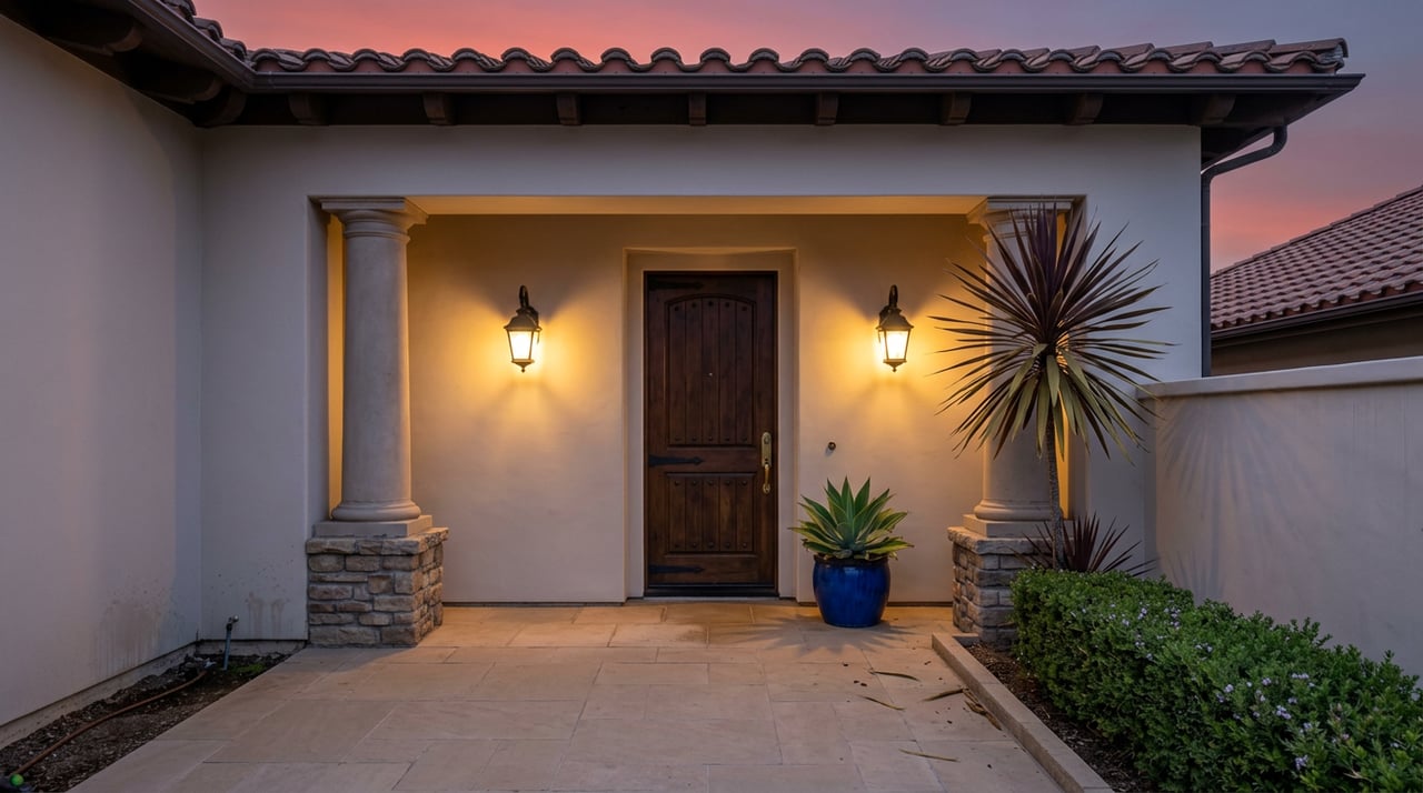Recessed stucco entry with a dark wood door, glowing iron lanterns, stone-based columns, and potted agave.