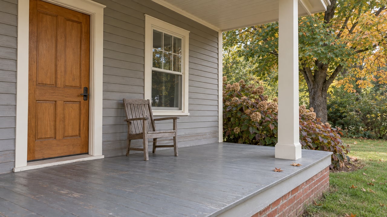 A weathered painted-wood porch with a honey-brown entry door, one wooden chair, and autumn foliage beyond a square post.