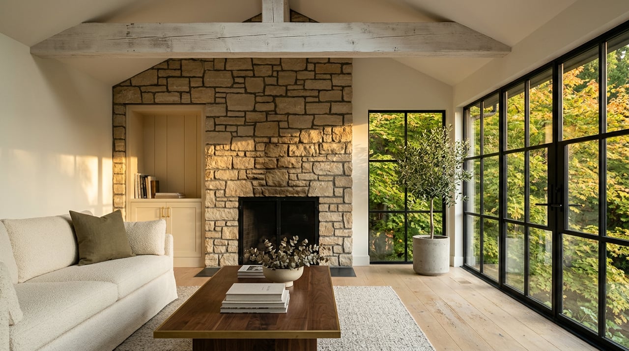 Living room with a stone fireplace, vaulted beam ceiling, cream sofa, and sunlit steel-framed windows.