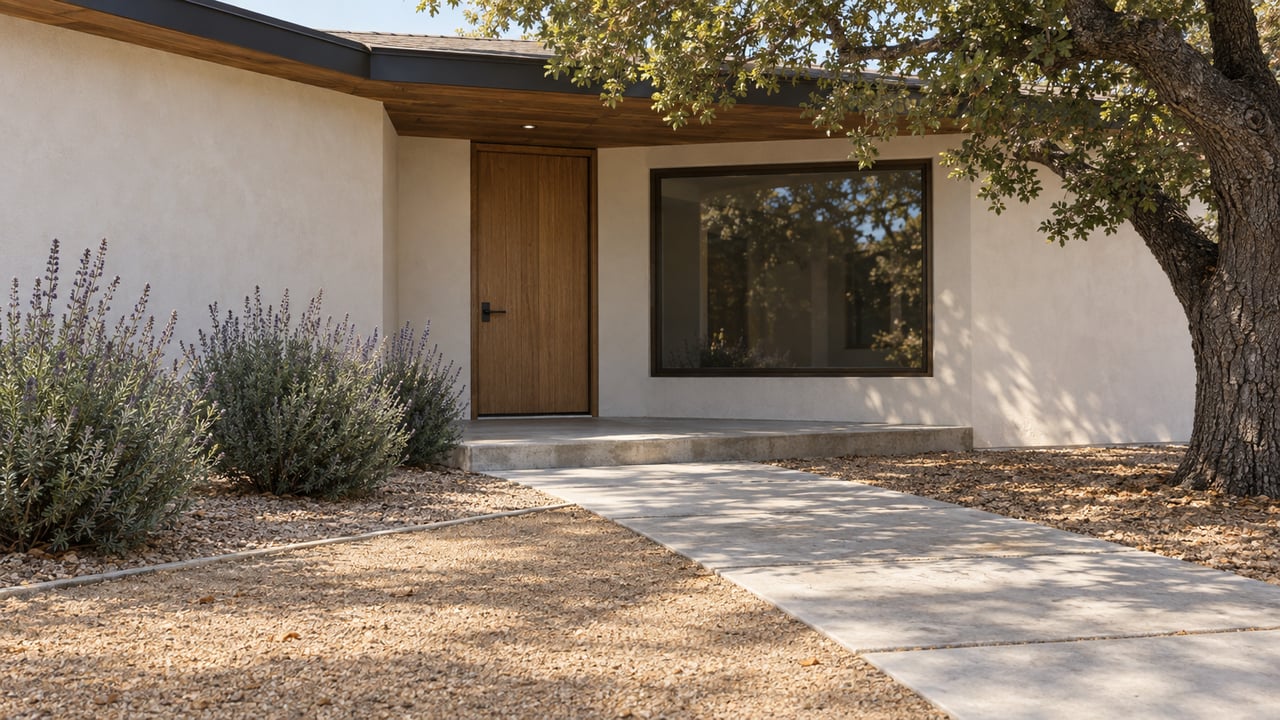 Warm-white single-story home with a recessed oak door, broad concrete approach, gravel planting beds and a mature oak tree.