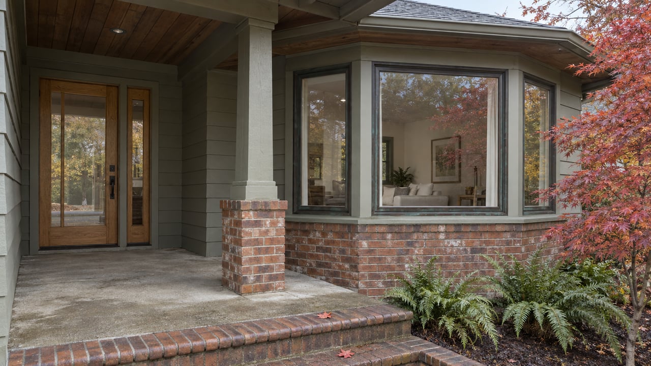 Covered porch beside a glazed living-room bay, with gray-green wood siding, weathered brick steps, and red autumn maple leaves.