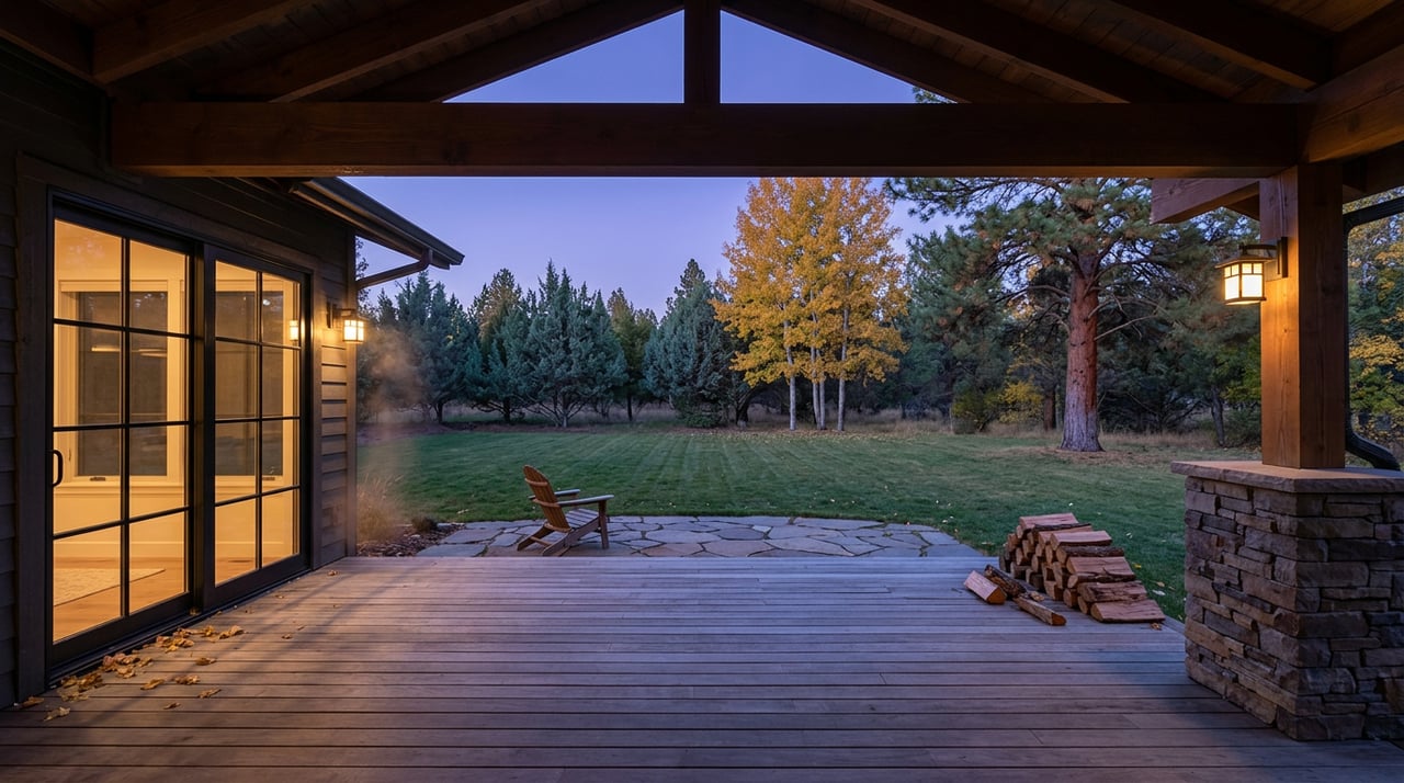 Covered timber deck opens onto a flagstone patio and lawn, with golden aspens beyond and a glowing glass door.