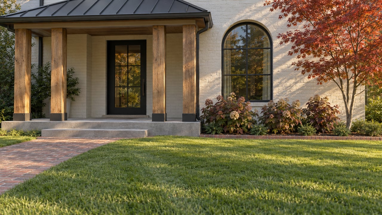 Autumn sunlight across a broad lawn and brick walk leading to an ivory brick home with timber porch posts and a tall arched window.