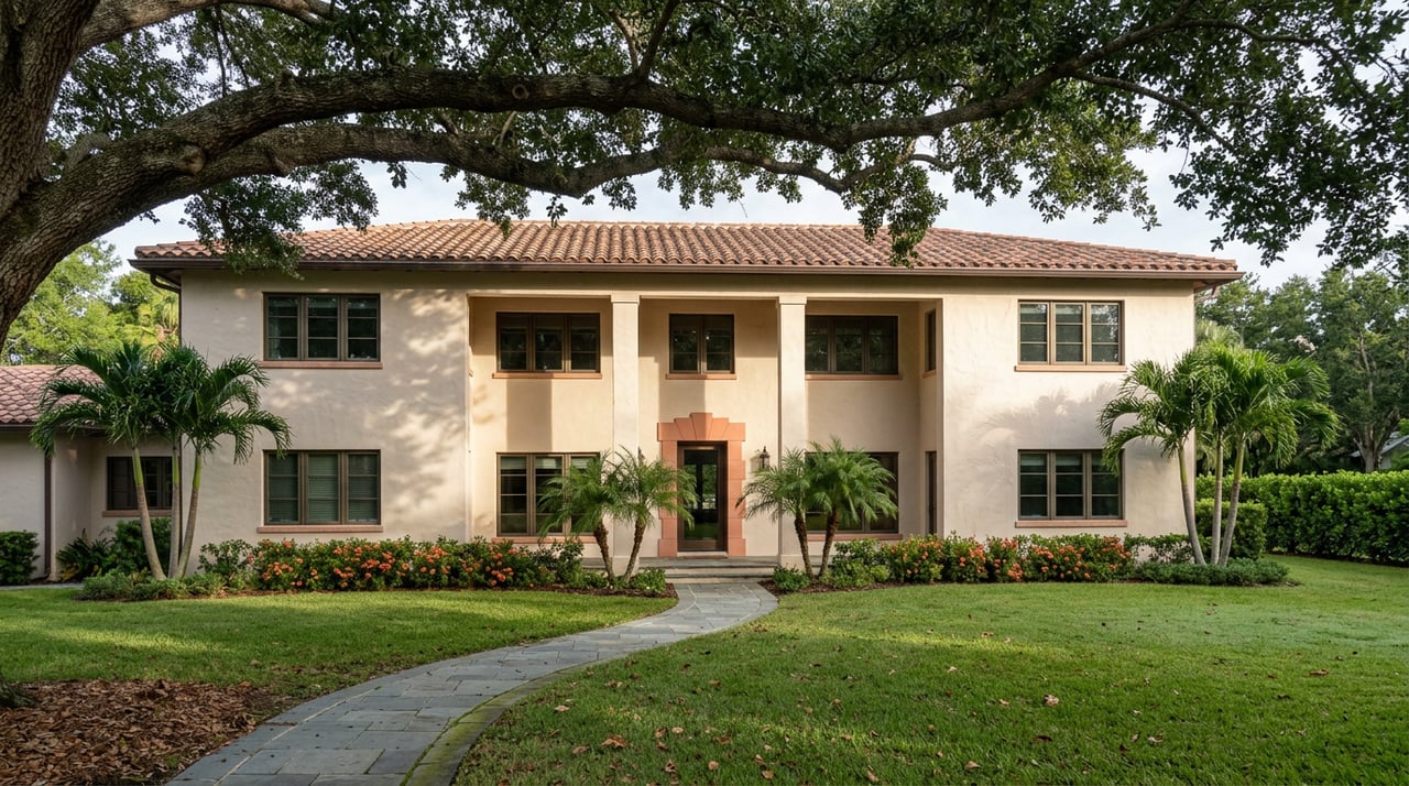 Two-story stucco residence with a terra-cotta tile roof beneath a broad live oak canopy, beyond a lawn and curving stone path.