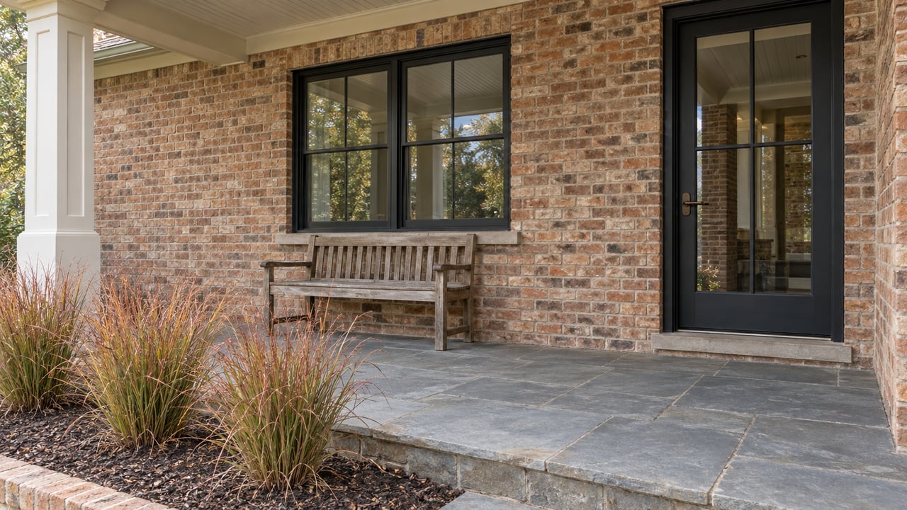 Covered brick home entry with a glazed black door, cream porch trim, a weathered oak bench, and copper-colored little bluestem beside stone paving.