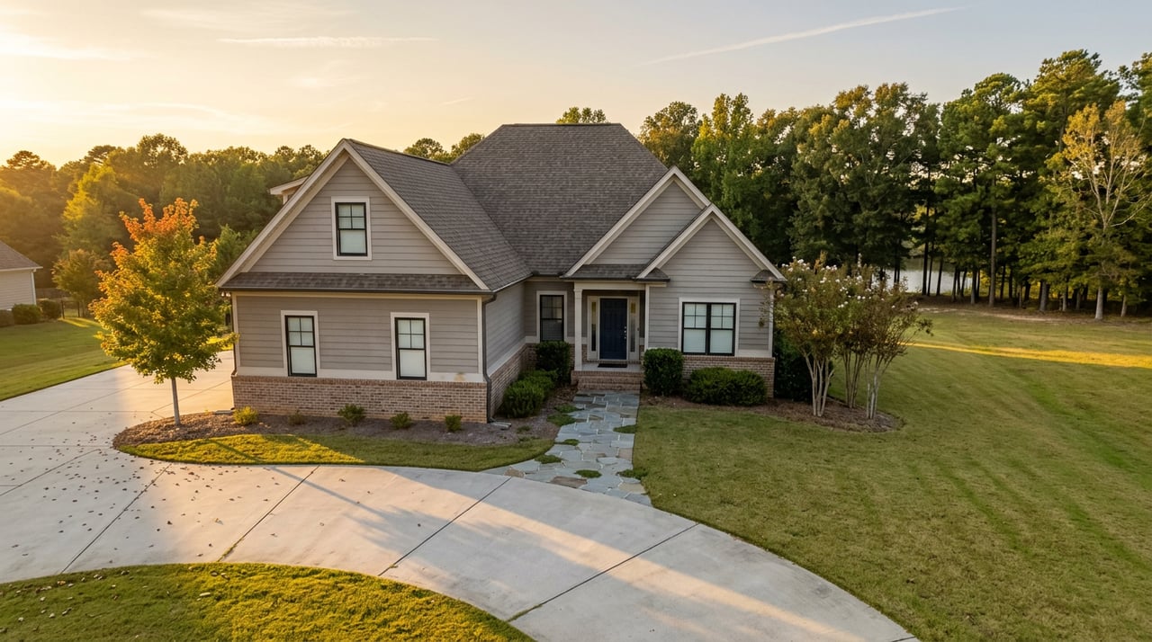 Gabled gray-and-brick house beside a curved driveway, lawn, and tree-lined horizon with water between trunks.