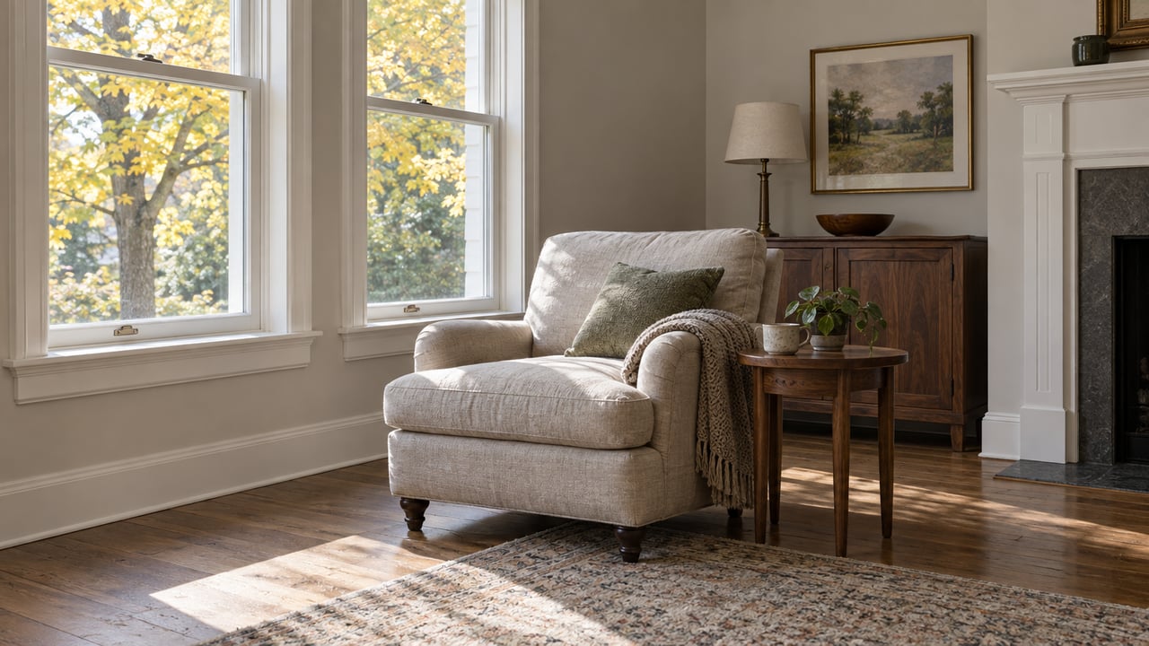 Two white-trimmed windows light an oatmeal armchair, walnut side table, oak floor, and yellowing maple outside.