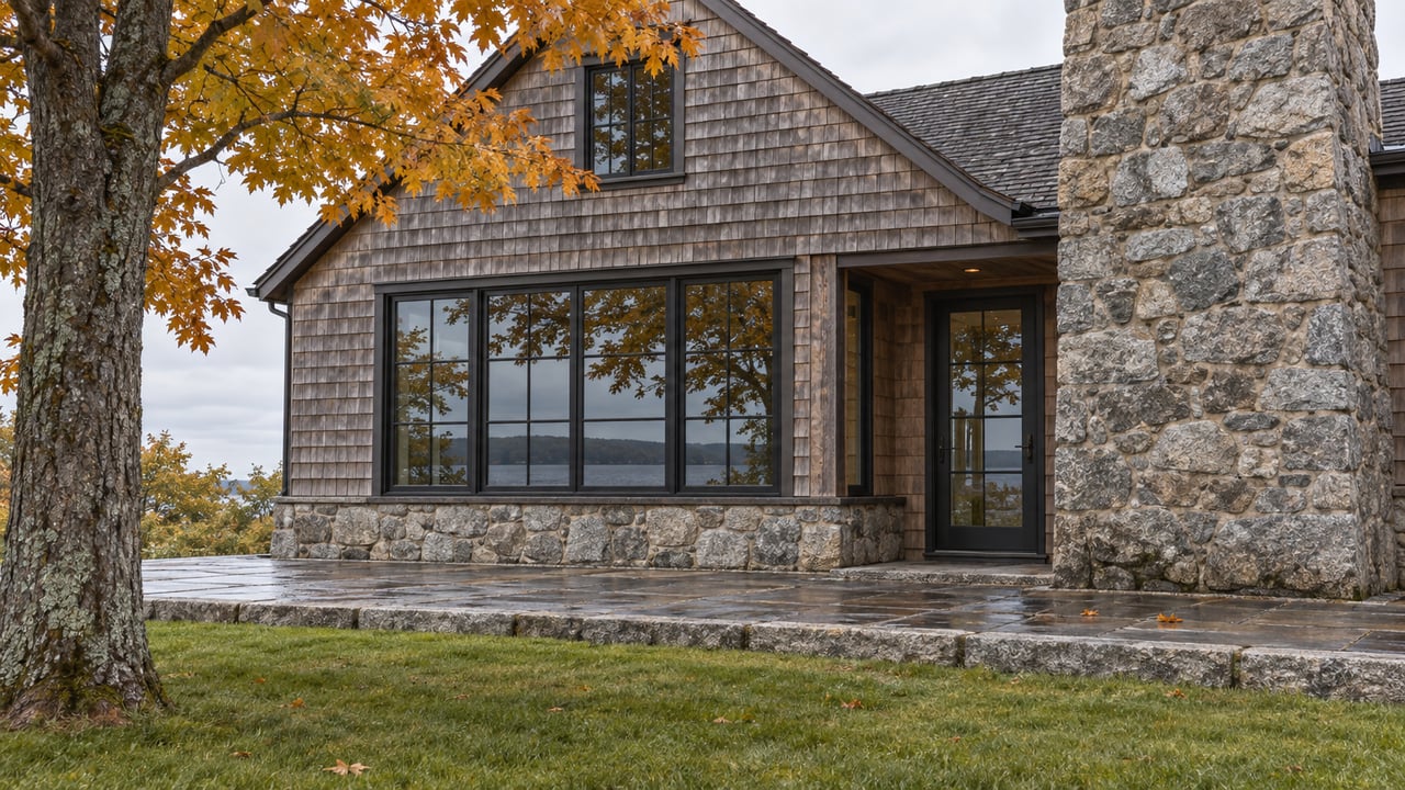 Cedar-shingle house with a granite chimney, multi-pane window, and wet terrace beside a lawn.