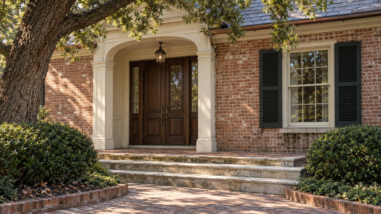 Brick house entrance with a cream arched portico, dark double doors, limestone steps, and live-oak canopy.