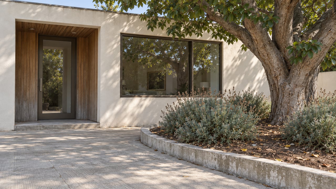 A mature fig tree shades a concrete entry court beside a pale stucco home with cedar-lined entry and bronze-framed glazing.