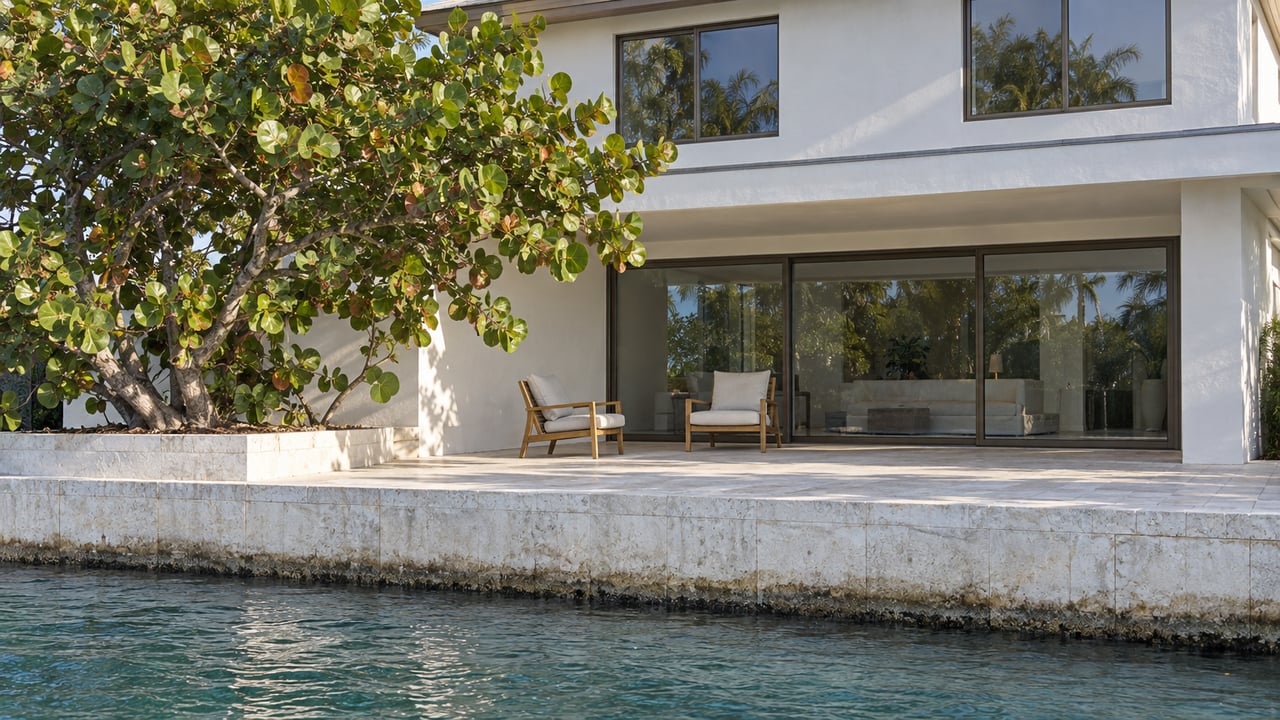 White stucco waterfront house with a shaded terrace, broad-leaved tree, limestone seawall, and blue-green water.