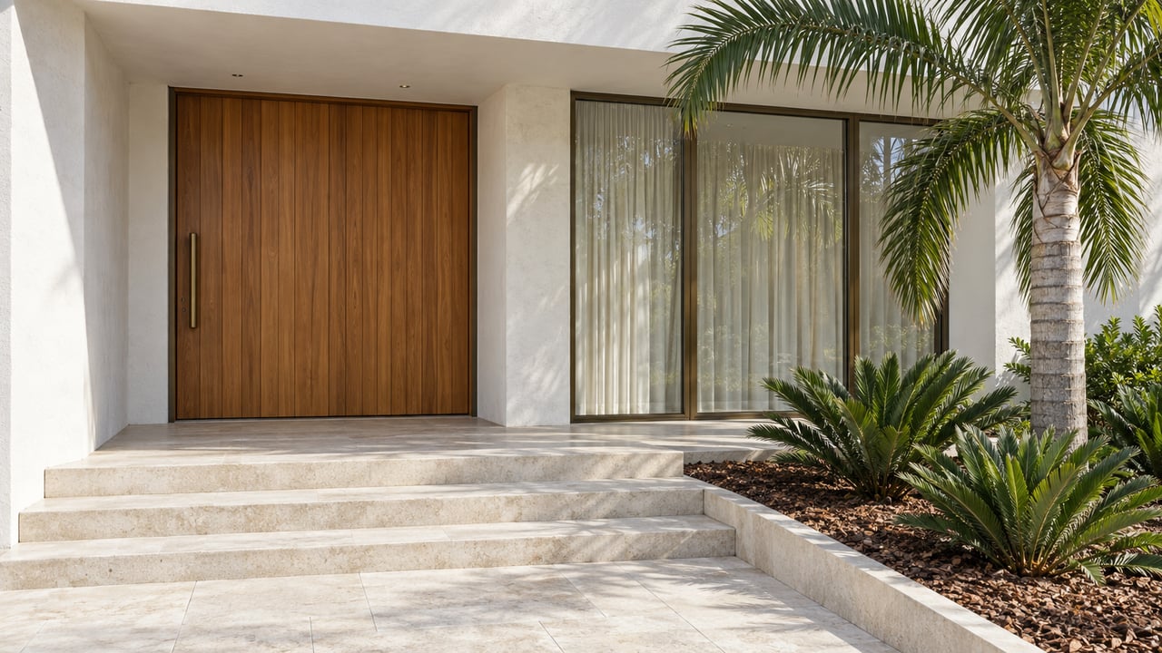 Sunlit white stucco home entry with a teak pivot door, bronze-framed glass, limestone steps and a sculptural palm.