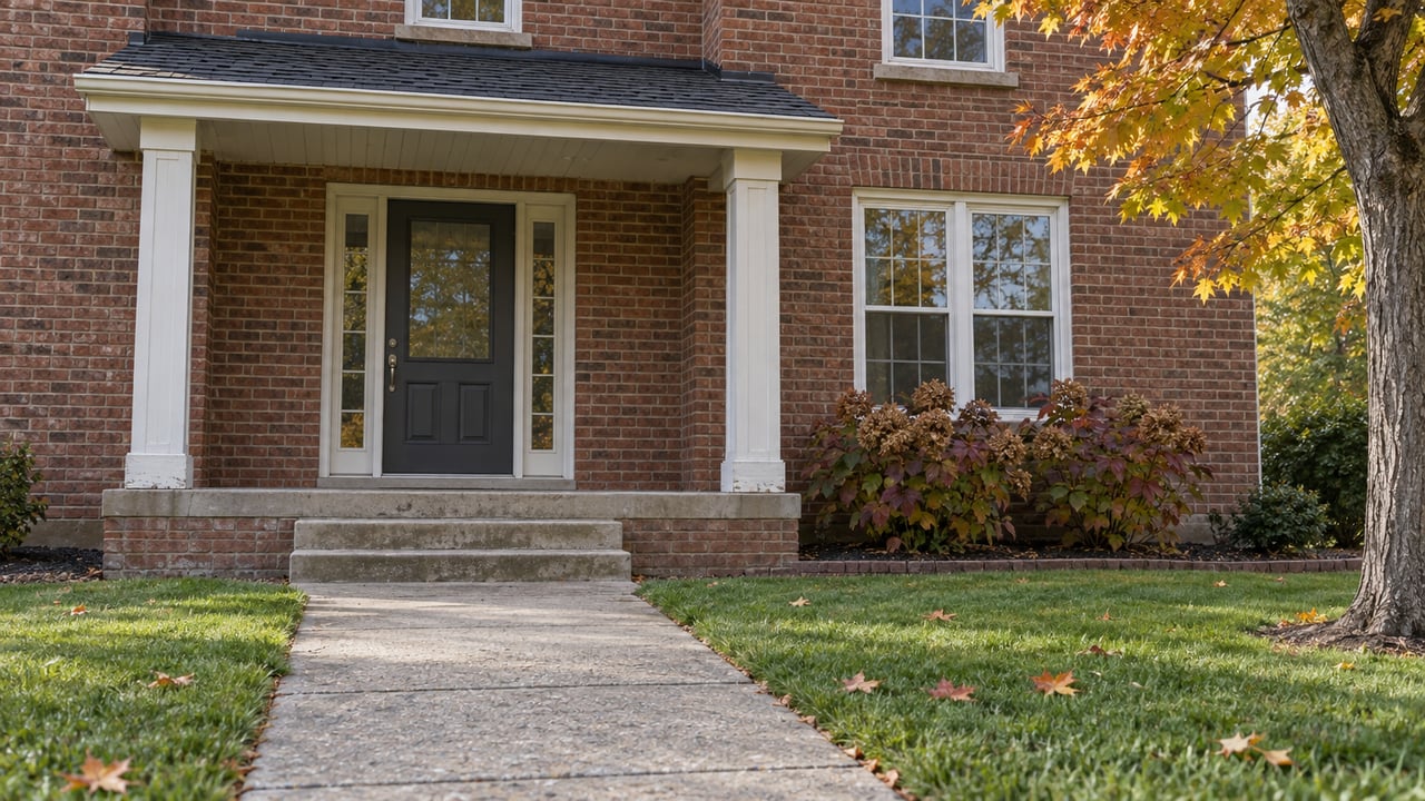 Brick home with a covered front entry, deep lawn, concrete approach and amber maple foliage in autumn daylight.